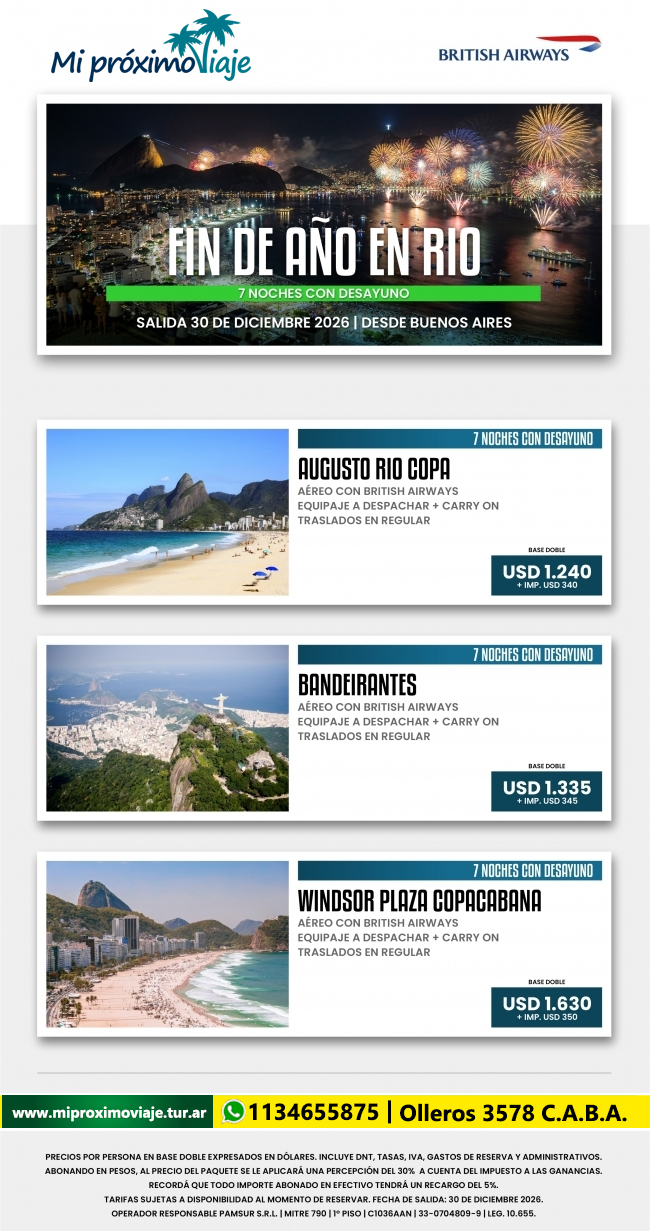 FIN DE AÑO EN RIO DE JANEIRO | VUELO DE BRITISH AIRWAYS| SALIDA 30 DE DICIEMBRE DE 2026
